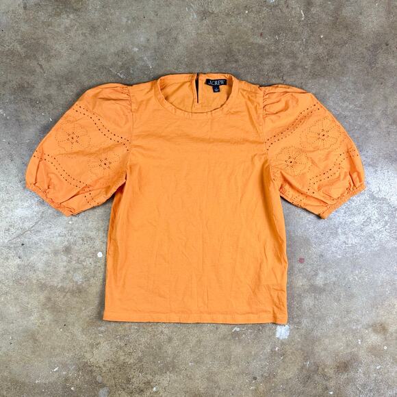 J.Crew Women’s Broken-in Jersey Puff Sleeve Eyelet Top Size Small Tangerine - Picture 1 of 10